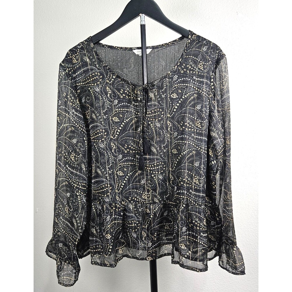 Lucky Brand Womens XL Paisley Peplum Blouse‎ Black Sheer Boho Tassel Top